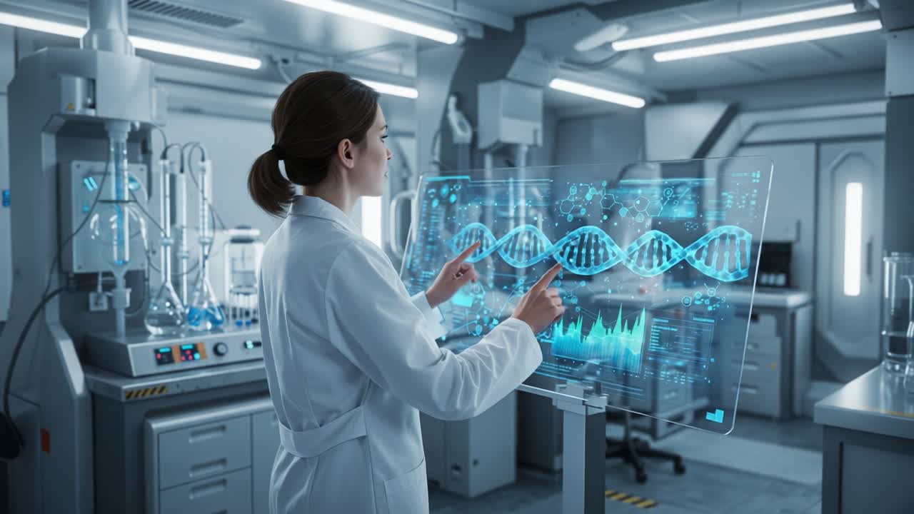 A Scientist Analyzing Genetic Data Through Advanced Technology in a Modern Laboratory Setting, Using Interactive Touchscreen Interface to Visualize Big Data Insights