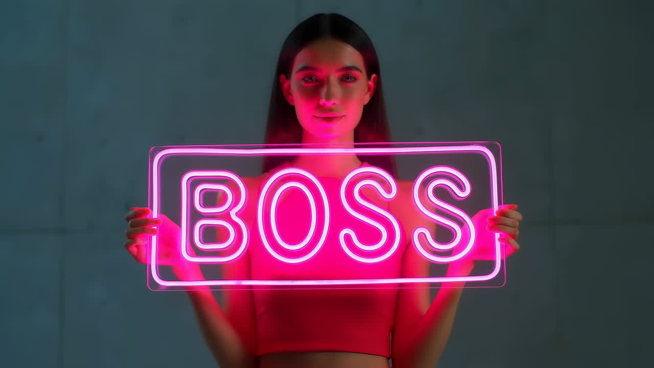 Modella bianca che tiene un'insegna al neon BOSS, sfondo con parete in cemento, bagliore magenta che evidenzia il crop top e la silhouette.