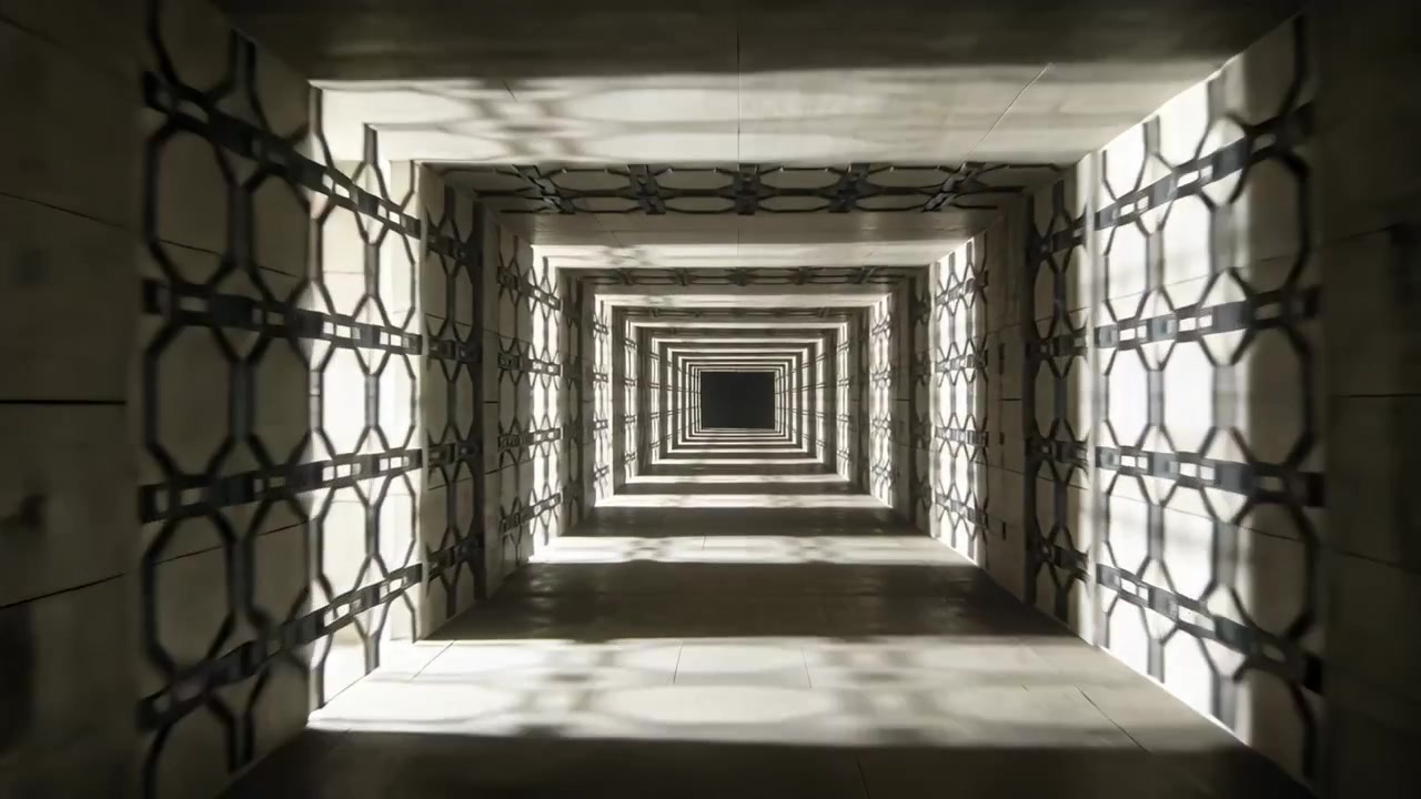 Camera filming central concrete-slab shaft in well, sun entering revealing metal grill pattern