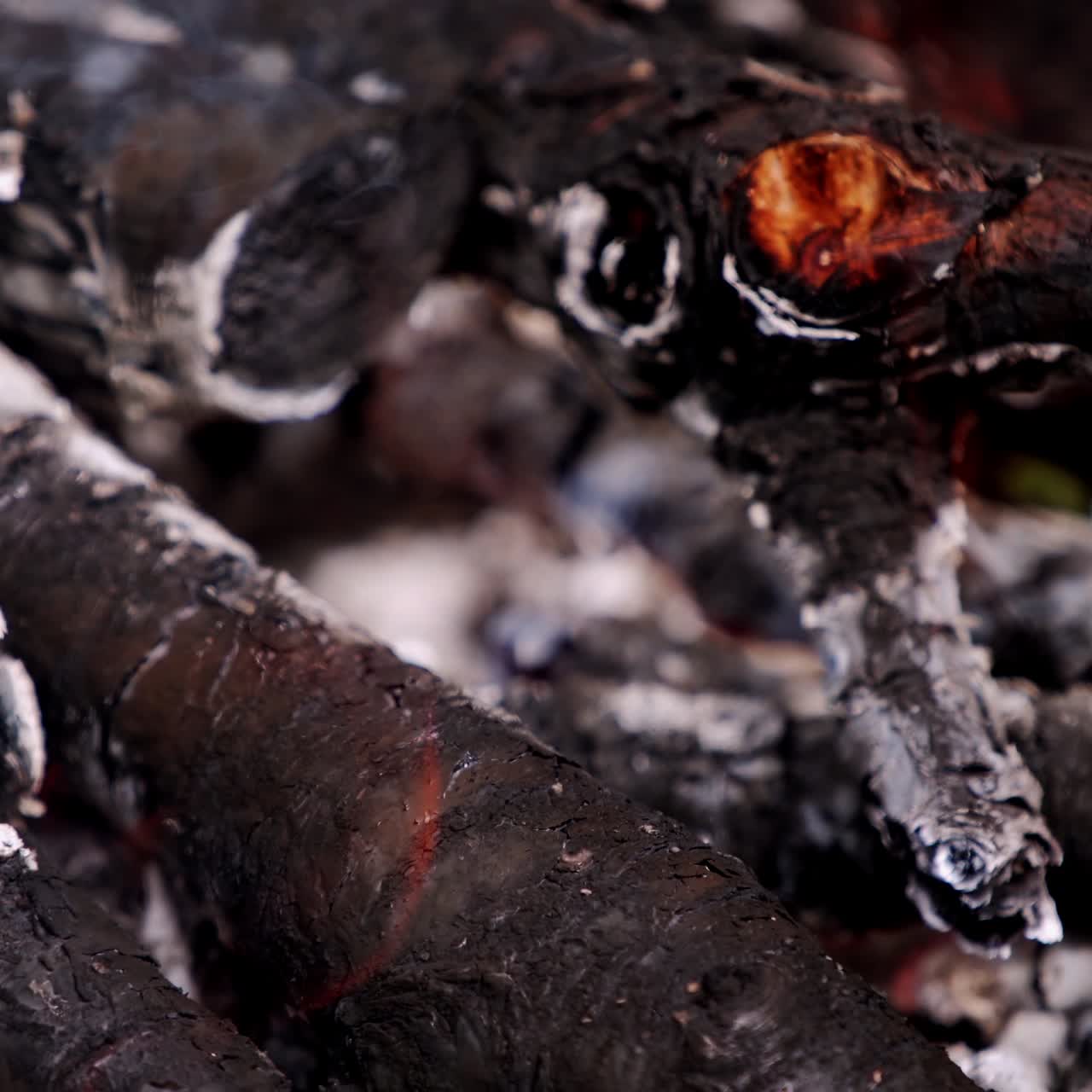 Burning wooden logs. Warm flame on smoldered logs. Burning wood for barbeque. Slight motion of fire on charcoal. Close-up.