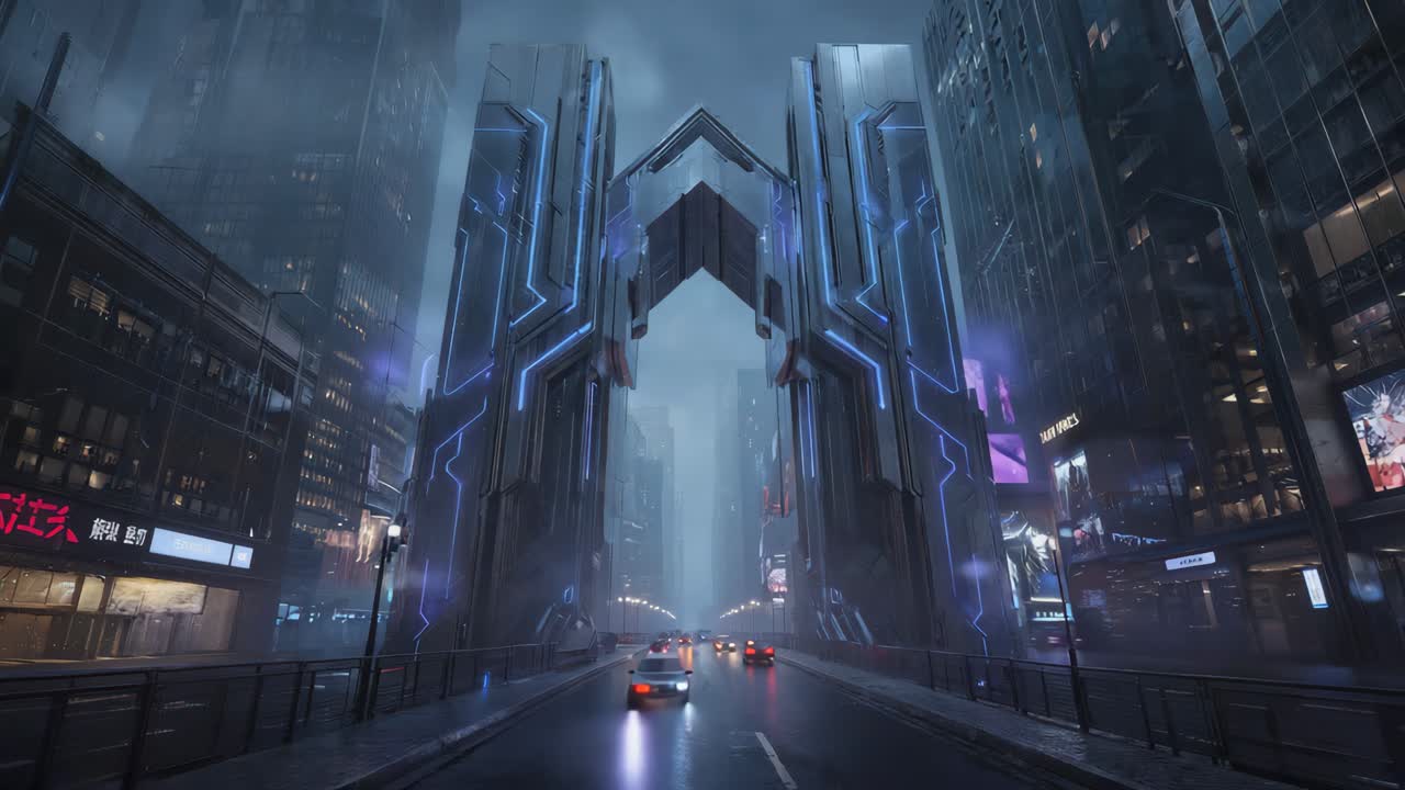 네온 불빛이 있는 미래 도시