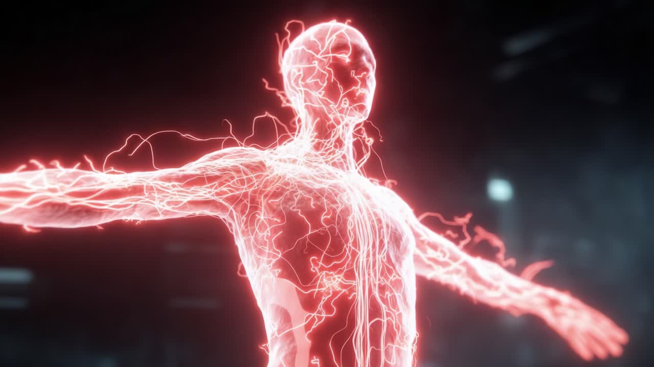 A Surreal Representation of a Human Figure Awash with Luminous Energy Pulsating Through Its Form Showcasing the Merging of Biological and Ethereal Realms in a Stunning Visual Display