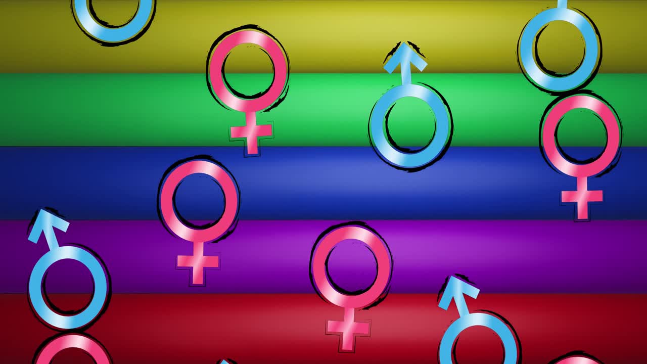 animación de símbolos masculinos y femeninos sobre rayas y colores del arco iris que se mueven en un bucle sin costuras