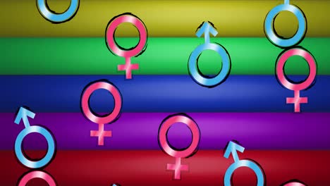 animation of male and female symbols over rainbow stripes and colours moving on seamless loop