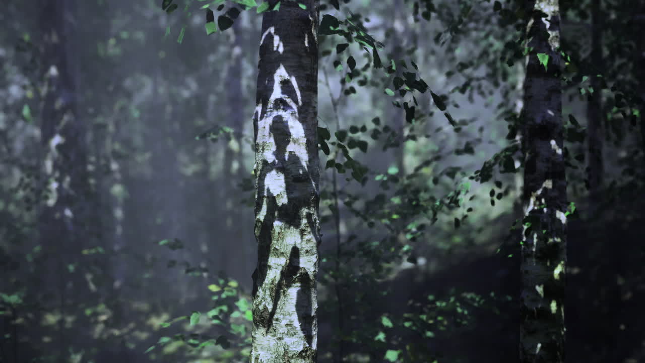 Nature features a serene forest with tall trees and soft sunlight