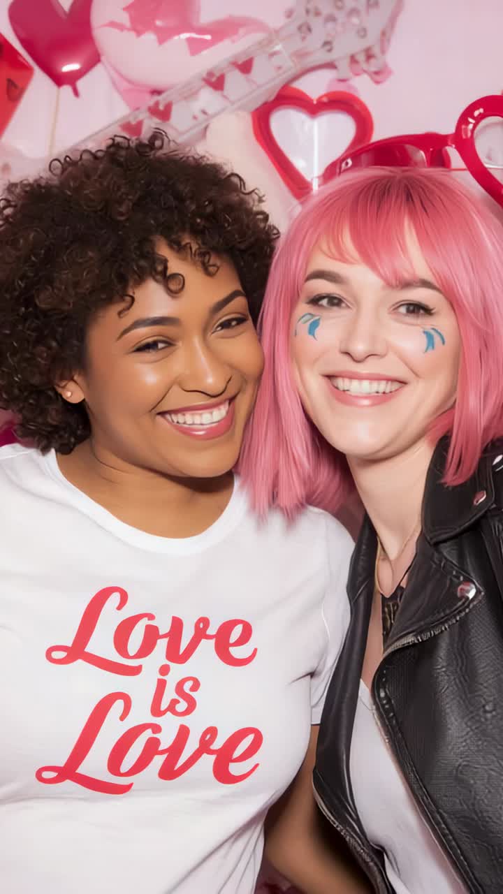 Video verticale: due donne sorridenti in posa, appoggiate a una cabina rosa, che indossano una T-shirt con lo slogan Love