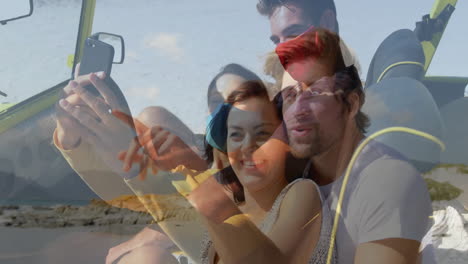 taking selfie in convertible car, young couple enjoying sunny beach day
