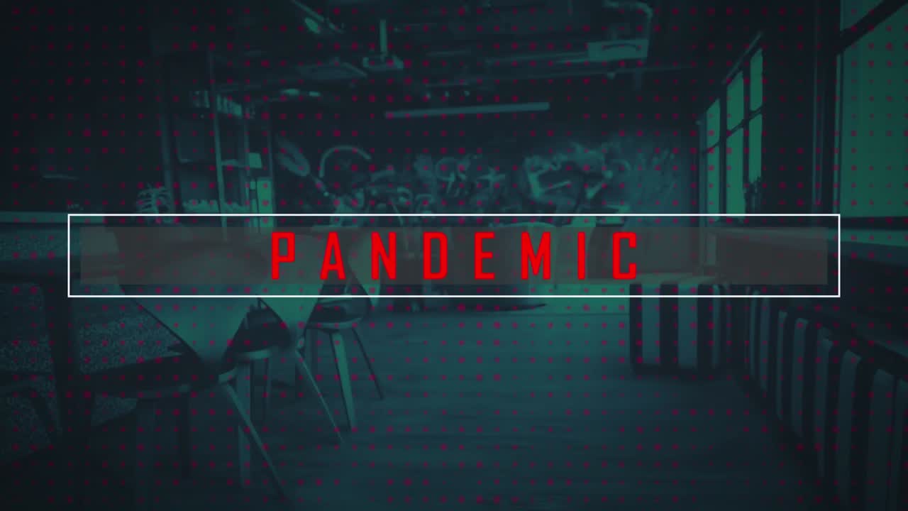 Pandemic text banner against rows of multiple dots against empty restaurant