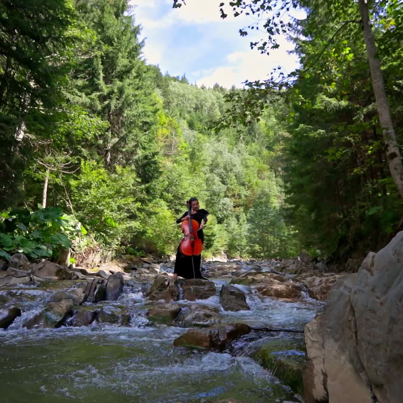 Female musician plays music in nature. Young woman is playing the cello in the open air. Cellist with musical instrument among mountain river.