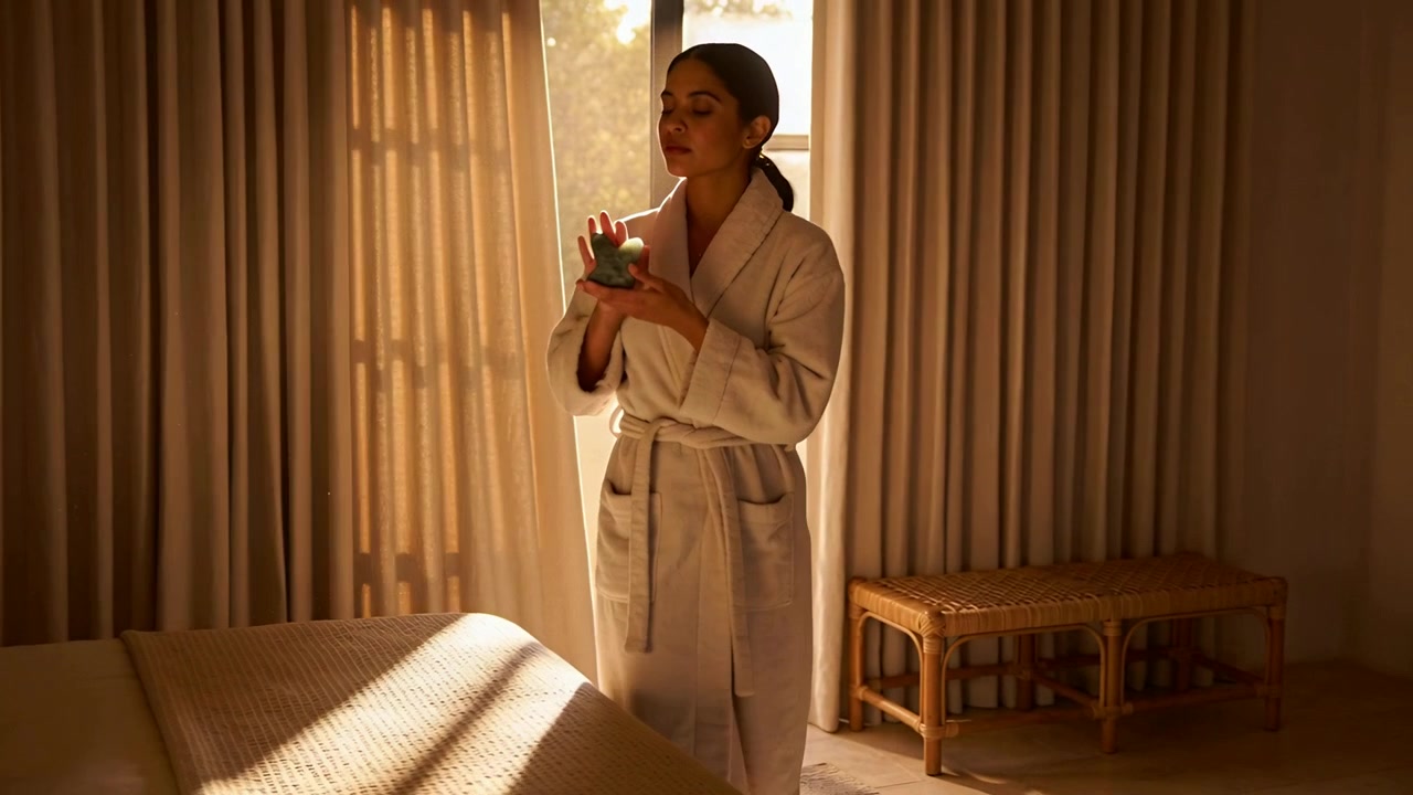Opening curtain, woman in bathrobe drawing light into bedroom, inspecting green succulent object