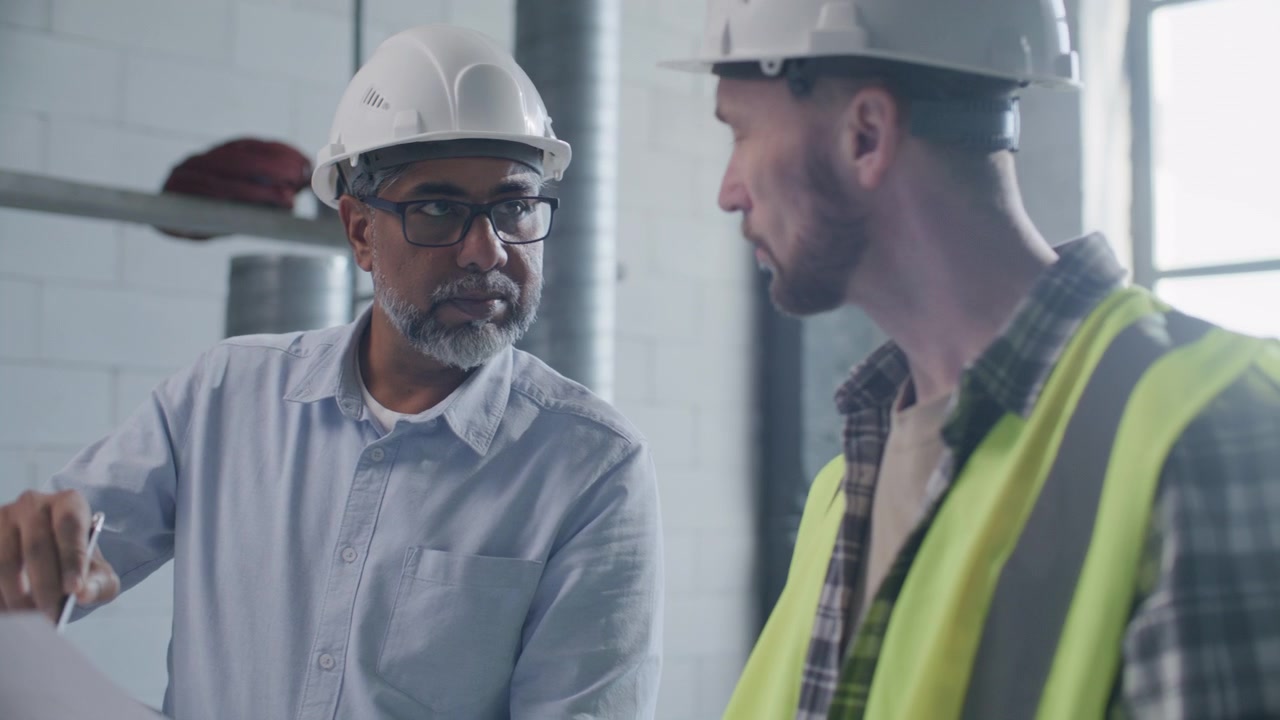 Engineer and Site Foreman Discussing Architectural Plan in Unfinished Building