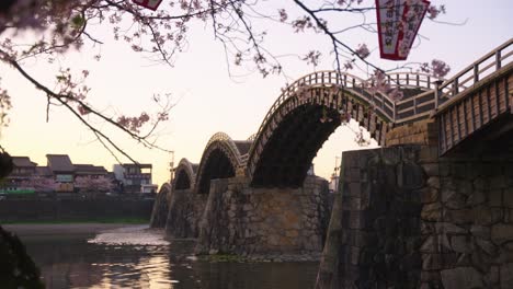 Sunrise-in-Japan,-Spring-Festival-for-Sakura-at-Iwakuni-Kintaikyo-Arched-Bridge