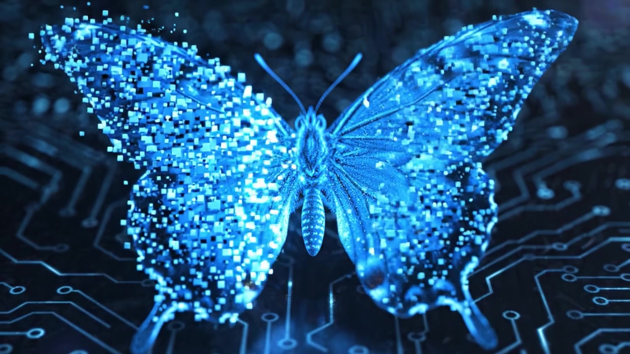 A Stunning Blue Butterfly Emerges from a Digital Landscape, Symbolizing Transformation and the Intersection of Nature and Technology