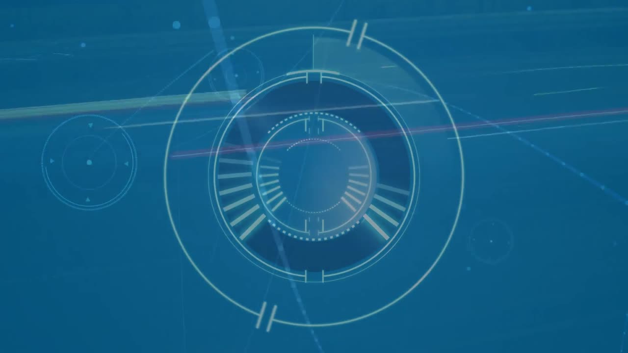 animación de escáner redondo, red brillante de conexiones y senderos de luz contra un fondo azul