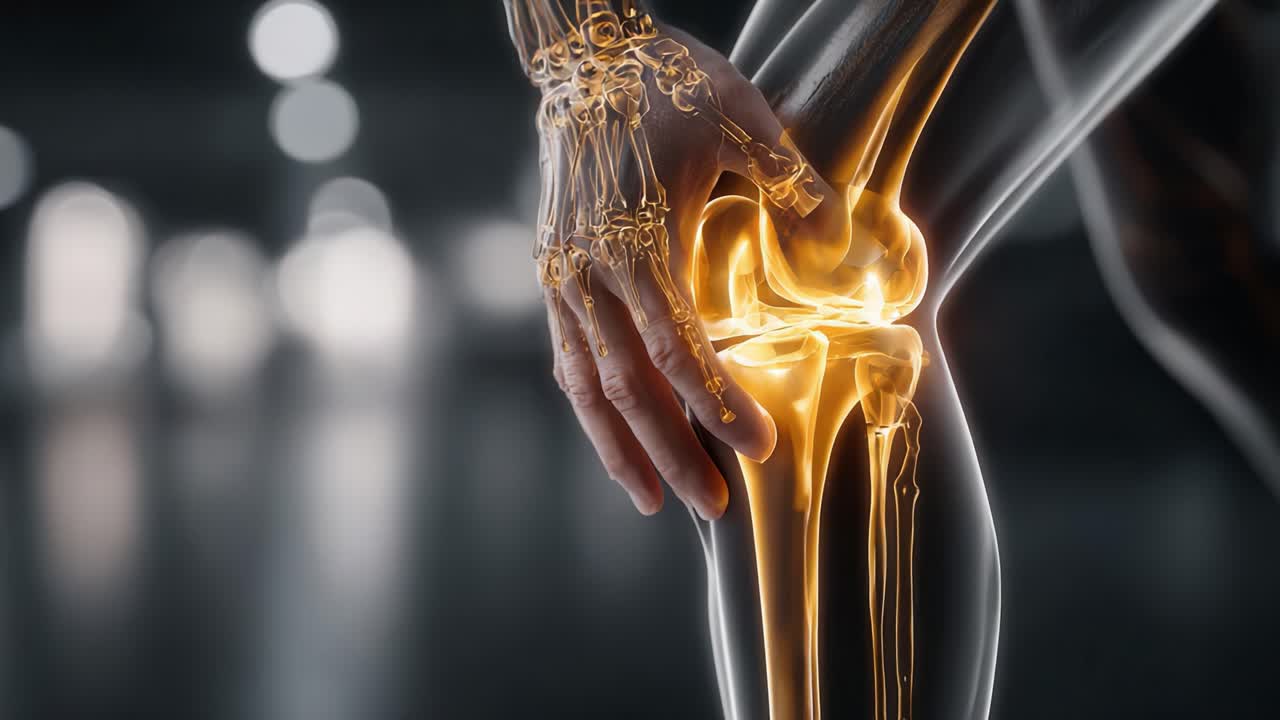 Detailed Visualization of a Human Knee Joint with Highlighted Anatomical Structures, Capturing Both the Hand Interaction and Bone Mechanics in a Dynamic Medical Illustration