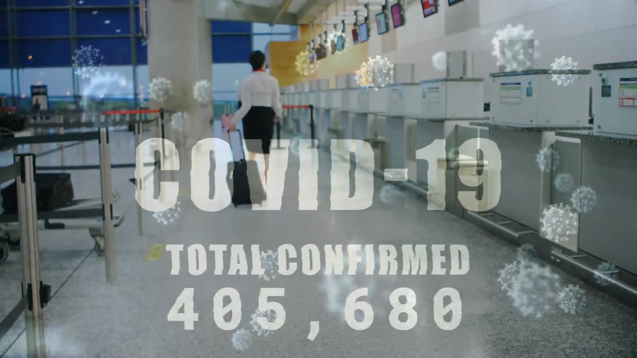 코로나 19 텍스트의 디지털 복합 비디오 총 확인 된 숫자가 항공 승무원을 상대로 증가하고 있습니다.