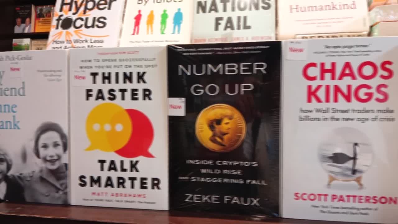 Pan shot of books in store. display of Books.