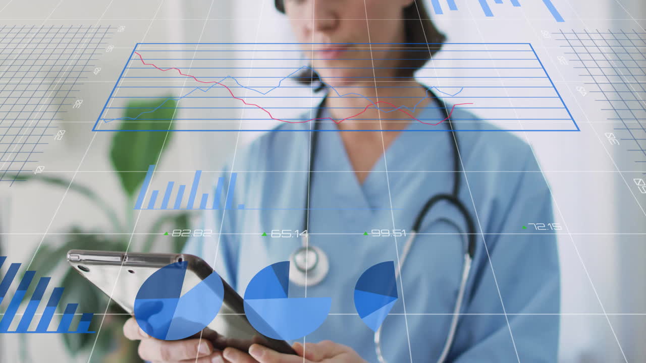 Female healthcare professional interacting with tablet in clinic, showing holographic infographics