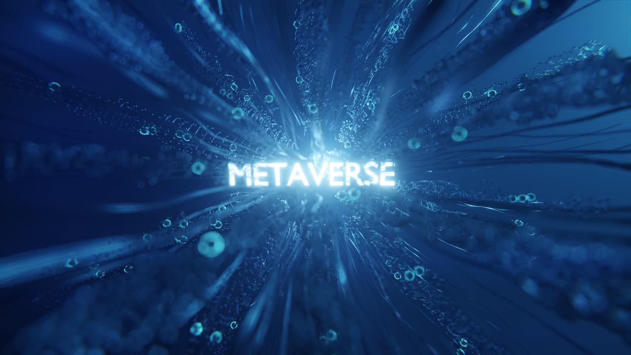 4K animation. The word metaverse illuminated and glowing on a futuristic animated background.