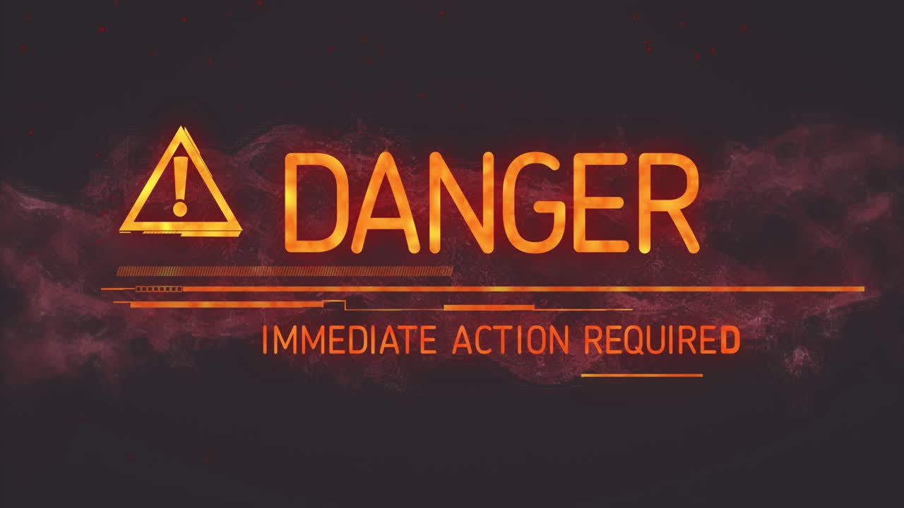 Orange bars animating icon fading glitching revealing DANGER IMMEDIATE ACTION REQUIRED in red smoke