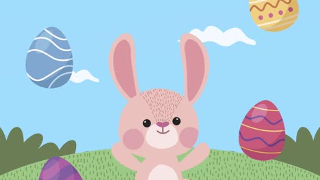 feliz animación de pascua con conejo rosado y huevos