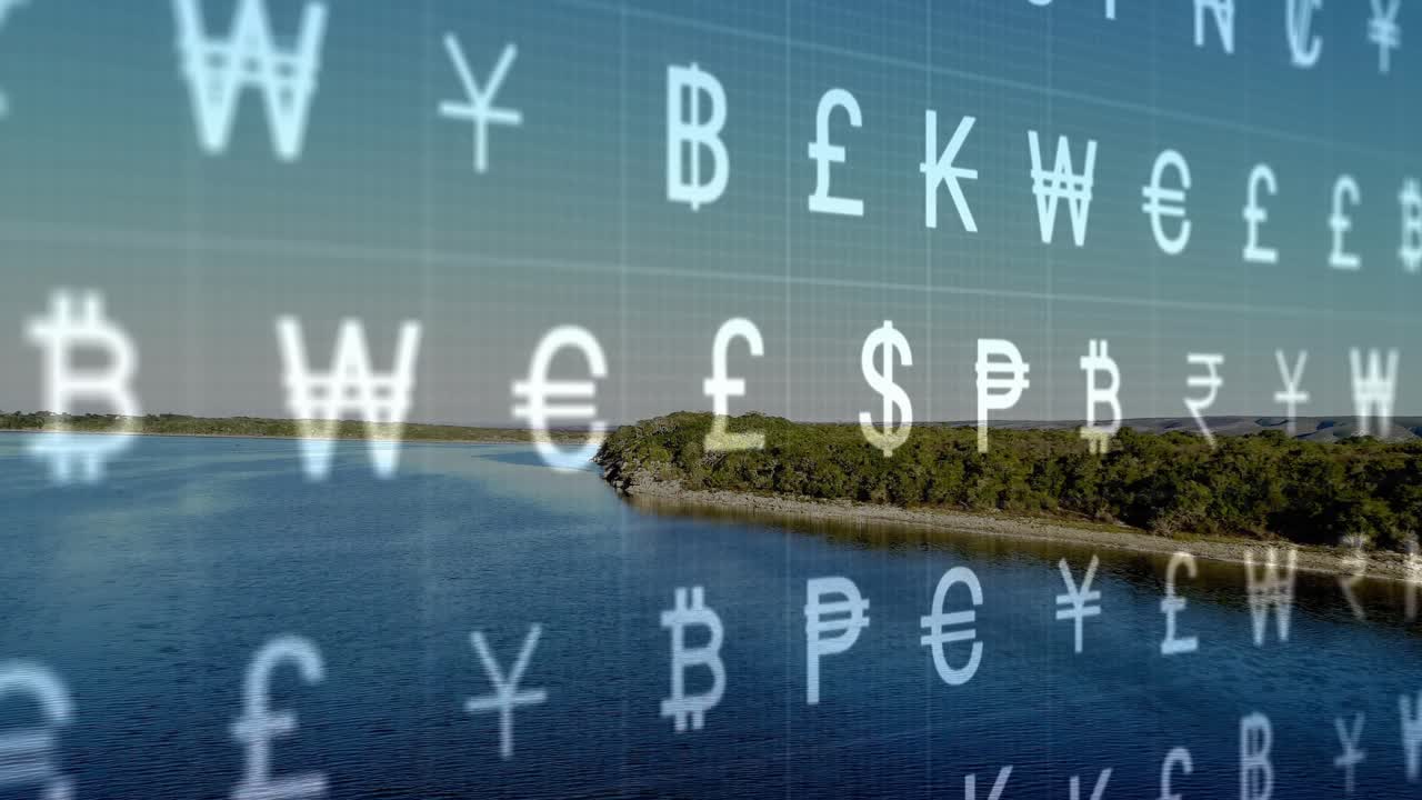 Sottile griglia che appare sul fiume, simboli di valuta luminosi che si spostano verso destra mostrando valute mondiali