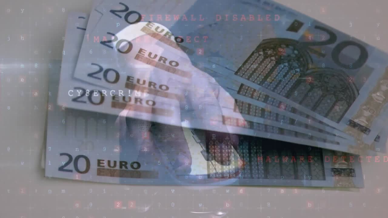 animación de números y alerta de virus sobre el ratón de mano y billetes en euros