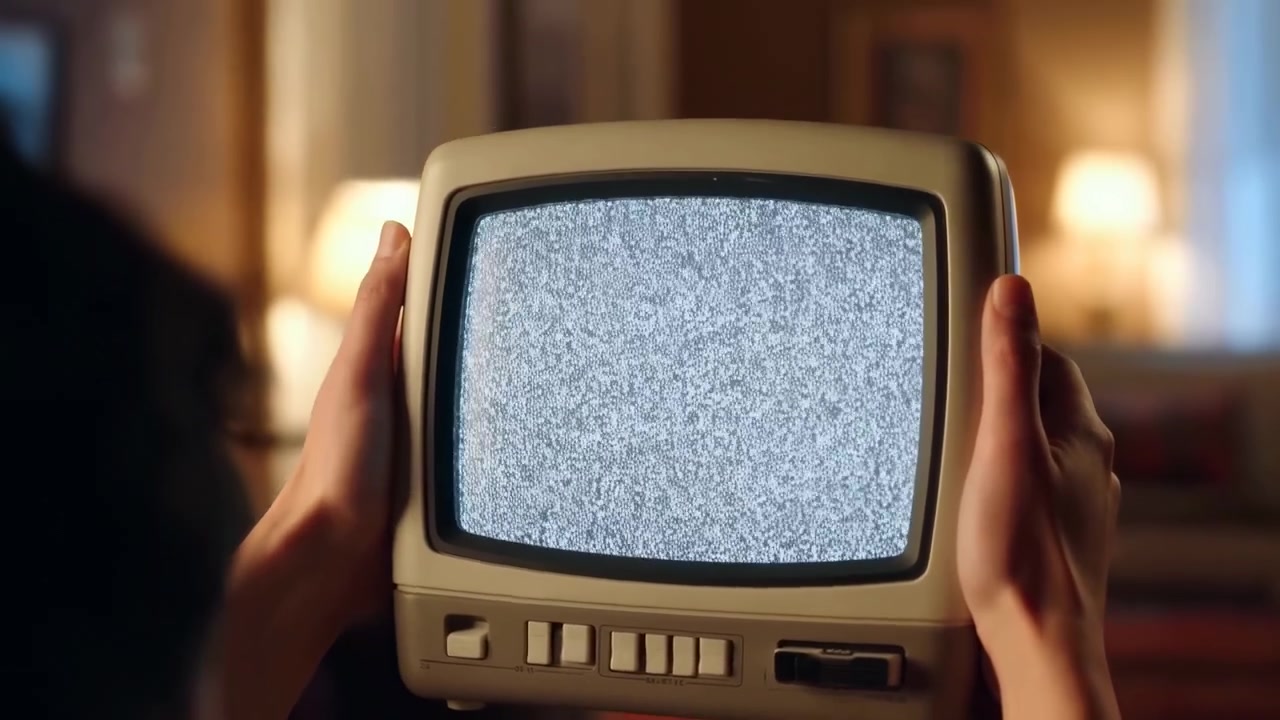 Un primo piano, inquadratura statica di mani che tengono televisori retrò in plastica e metallo in una stanza interna nostalgica con illuminazione calda. Questa scena cattura l'essenza della tecnologia vintage ed evoca
