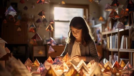 young girl playing with many illuminated origami paper figures hanging and laying on a table in her bedroom, backlit scene with warm natural light