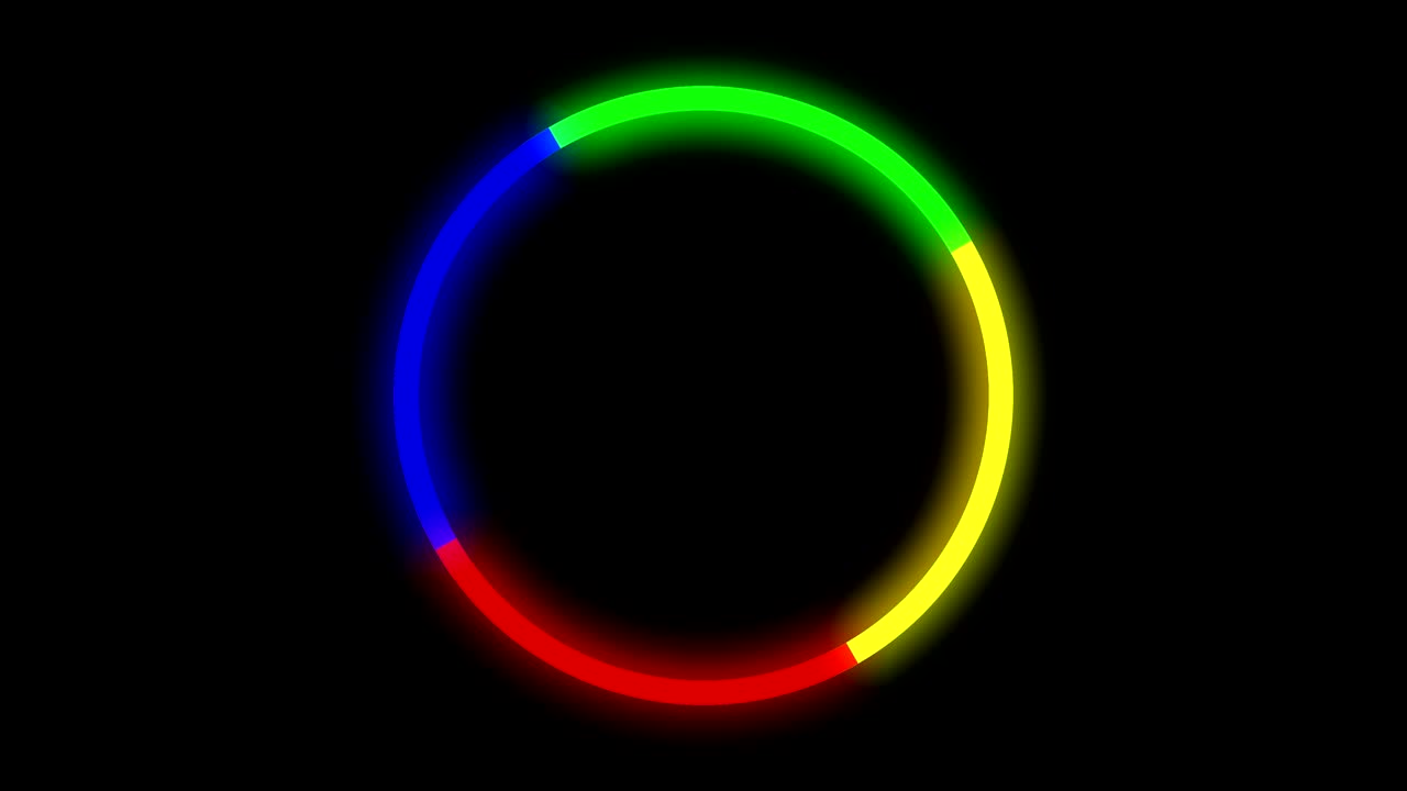 4k girando o girando 4 colores rojo verde azul círculo amarillo en fondo negro. animación 2d. fondo gráfico de movimiento y animación con brillo de luz.