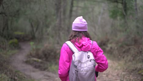 Hiker-girl,-woman-outdoors-in-mountain-forest,-nature-walking,-strolling,-wandering-at-the-woods-on-winter