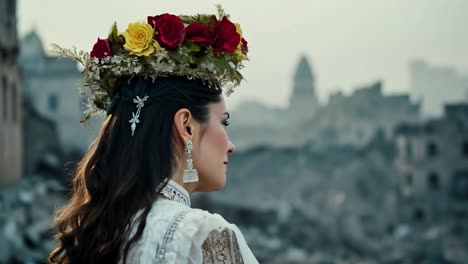 woman in floral crown looking at ruins