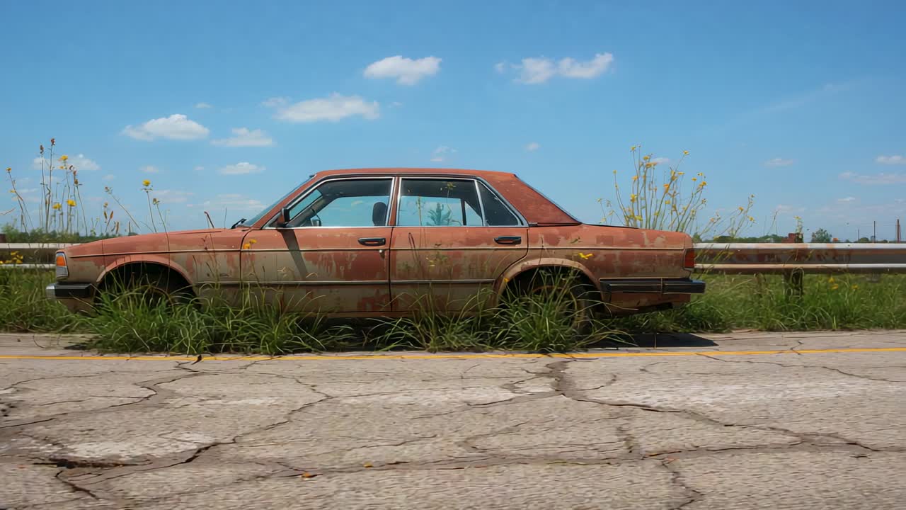 Displaying rusted 4-door sedan sitting along rural road with cracked asphalt guard rail wildflowers