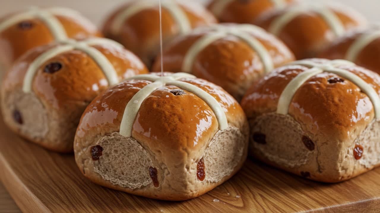 Deliciously Baked Hot Cross Buns on a Wooden Board, Perfectly Glazed and Topped with Icing, Ideal for Celebrations or Cozy Gatherings