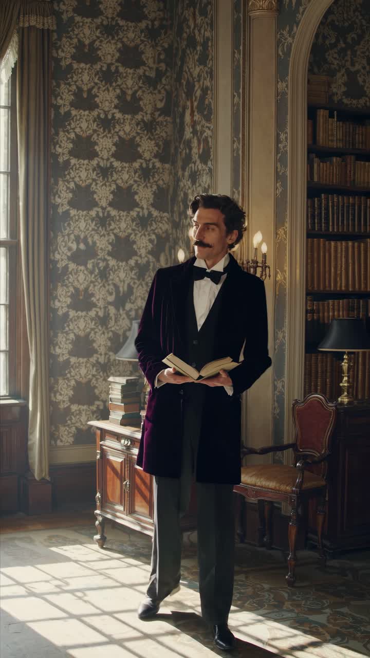 Elegante gentiluomo che legge un libro in una biblioteca d'epoca.