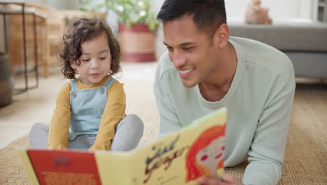 Dad,-girl-and-reading-book-for-learning-in-home