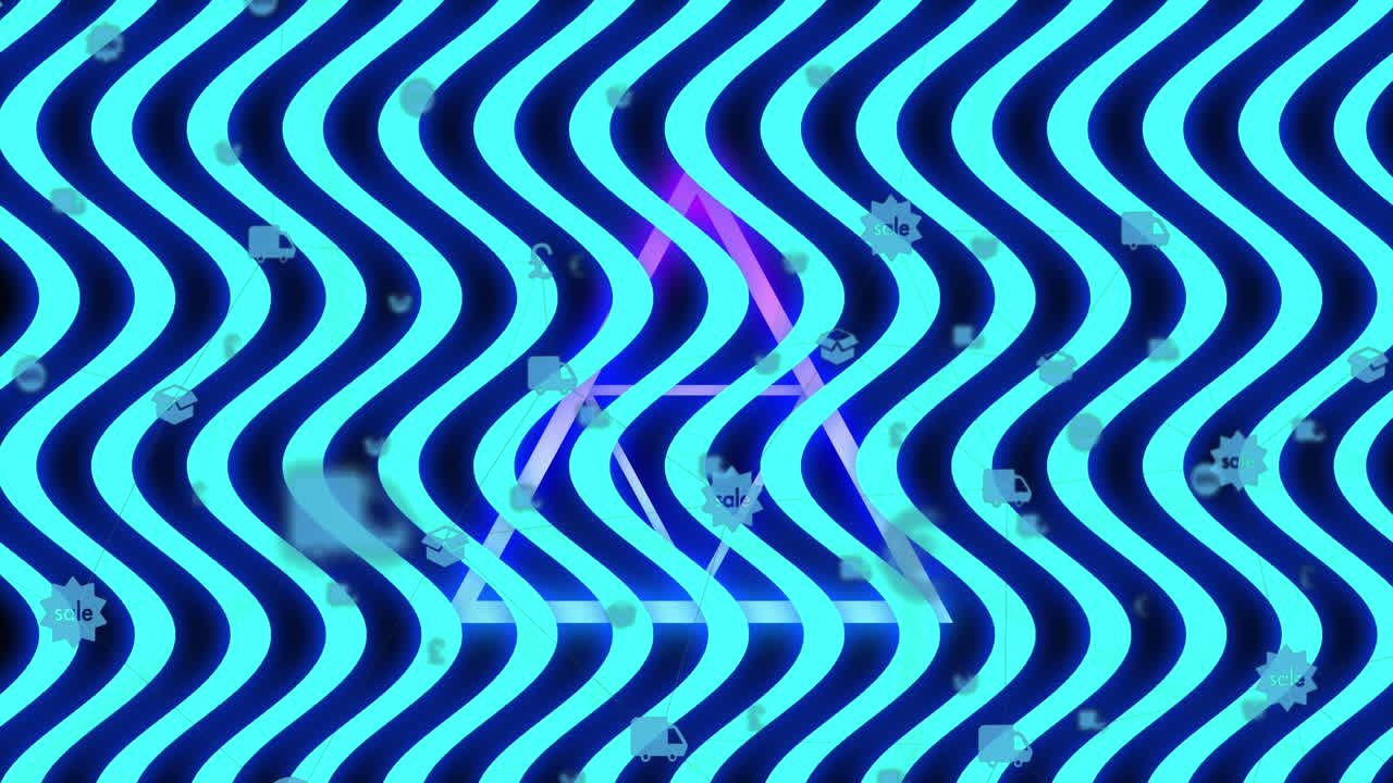 animación de líneas onduladas azules brillantes sobre triángulos púrpuras brillantes en el fondo