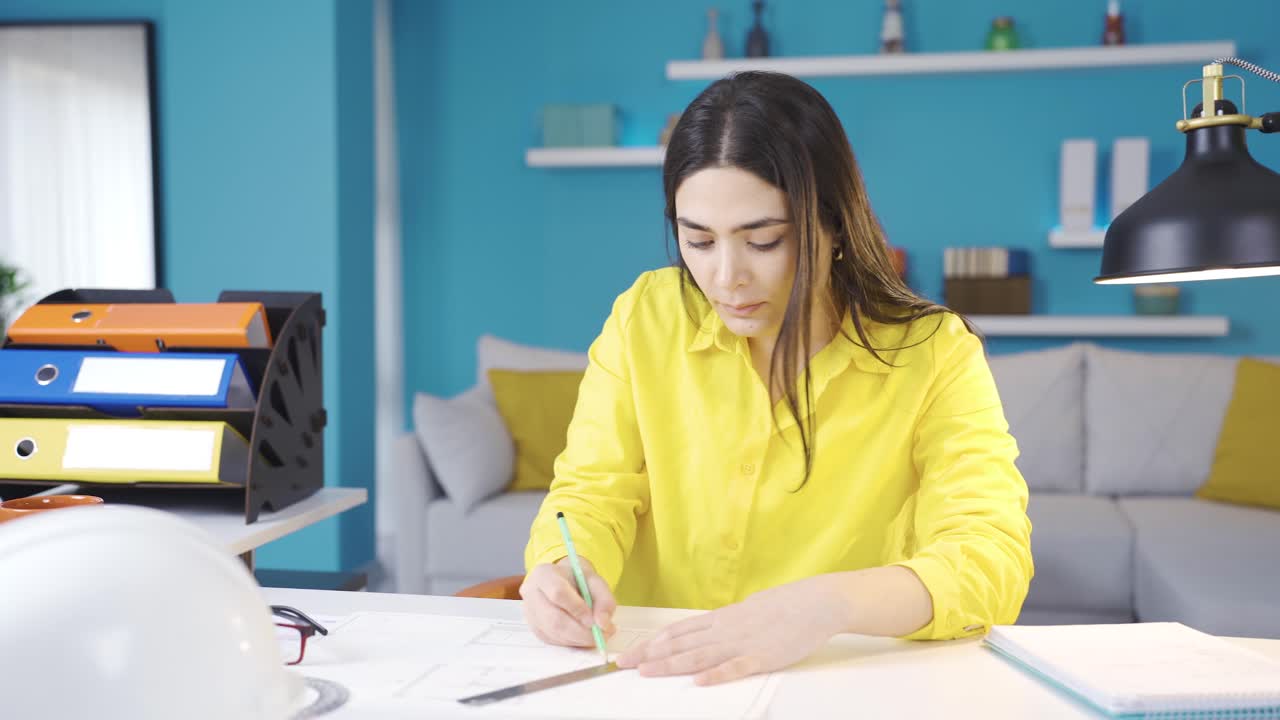 ingeniera que trabaja desde casa, haciendo dibujos de proyectos.