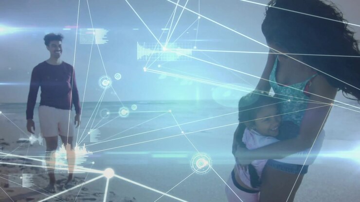 Woman swinging child initiating hugging while man walking toward beach HUD showing care via tech