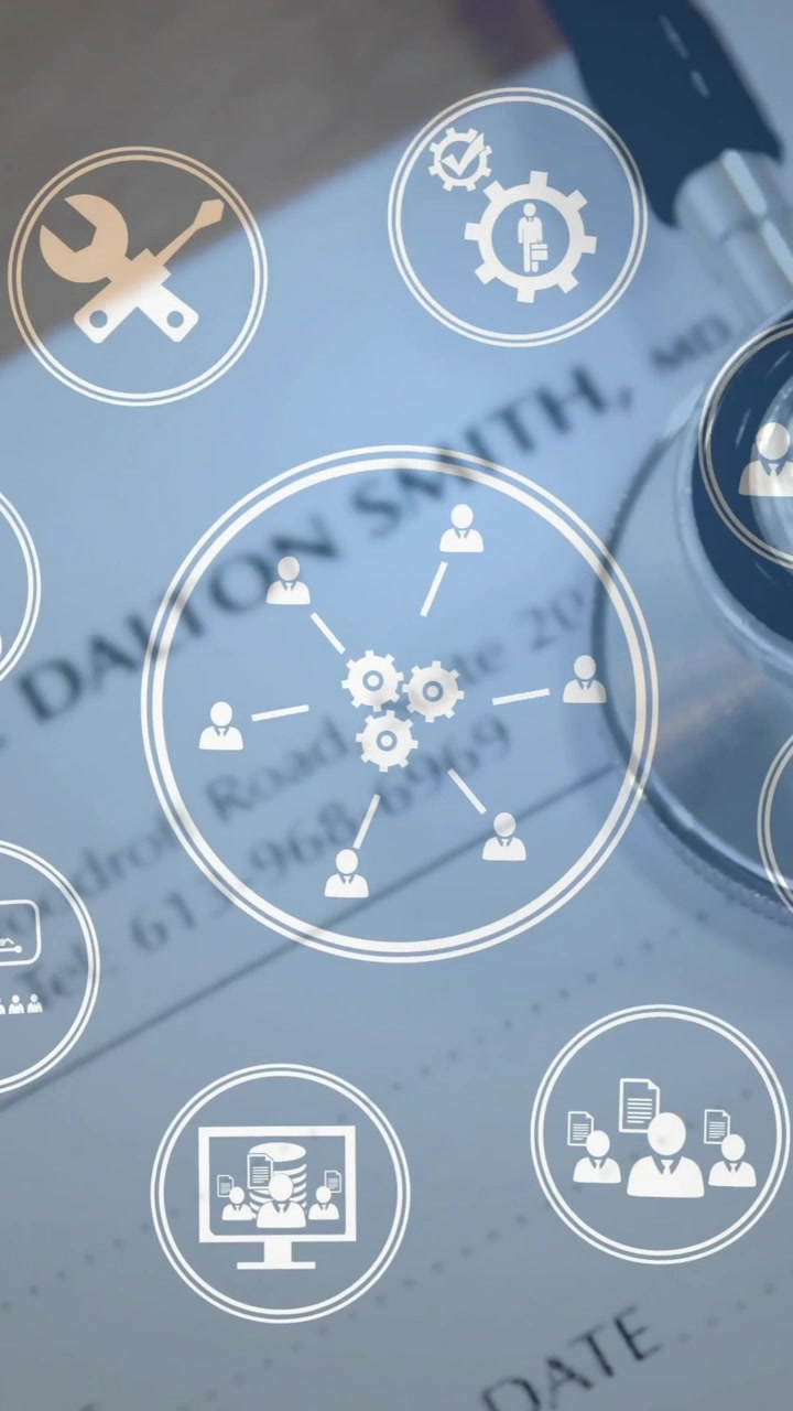 Animation of icon in circles over stethoscope and doctors prescription on desk