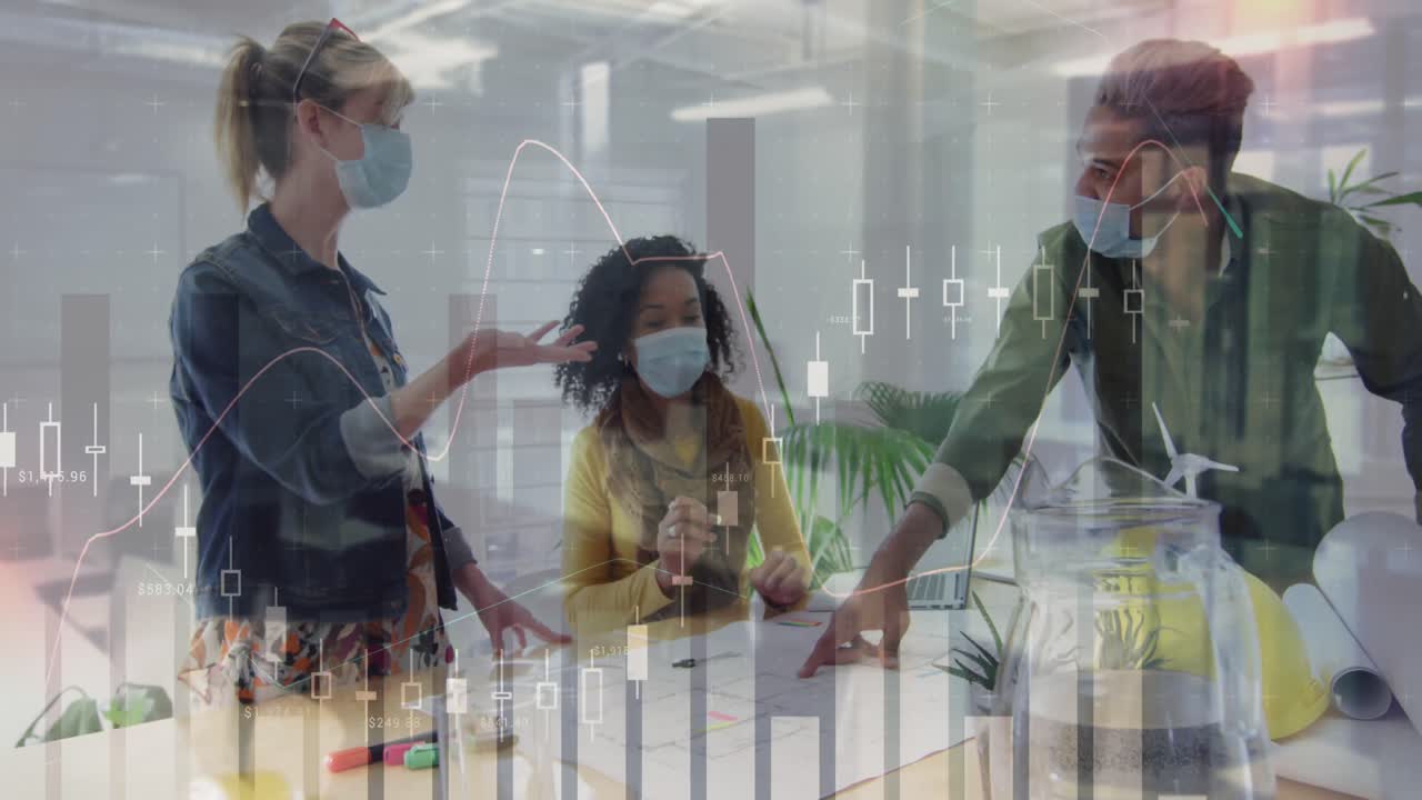 Animation of digital interface showing statistics with colleagues in office wearing face masks