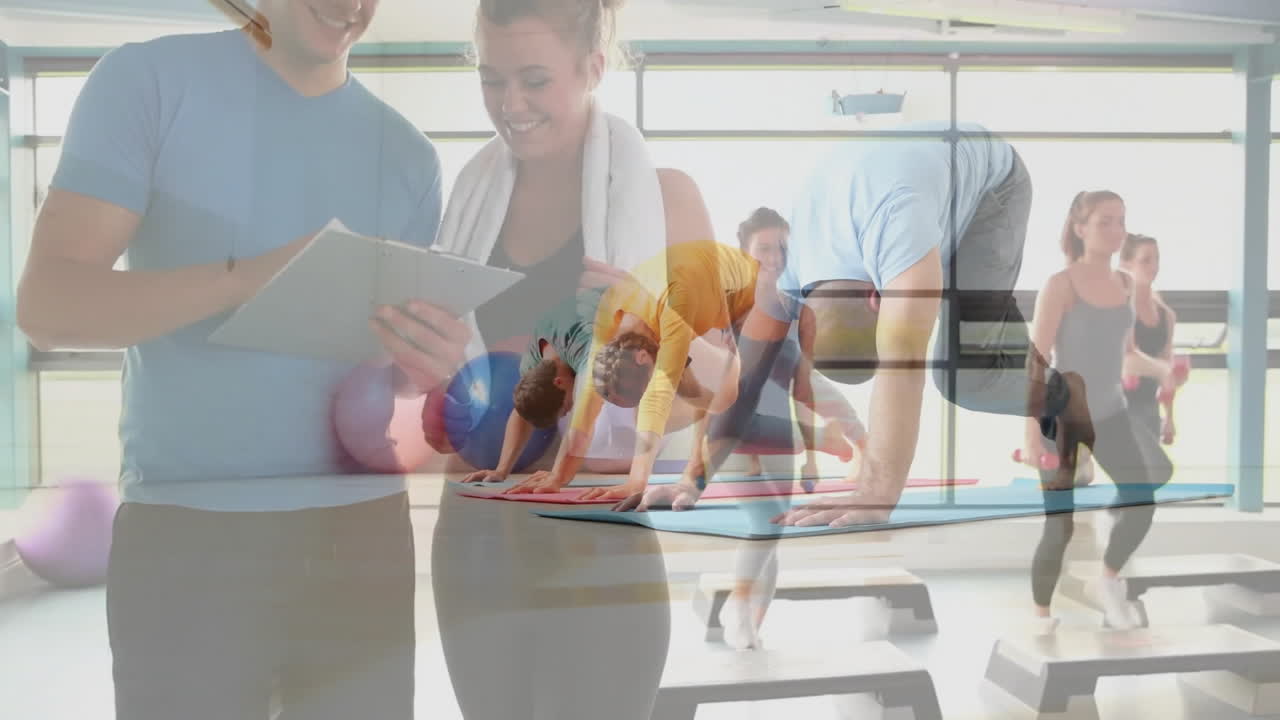 fitness trainer holding clipboard guiding client while animated charts and dumbbell icons floating