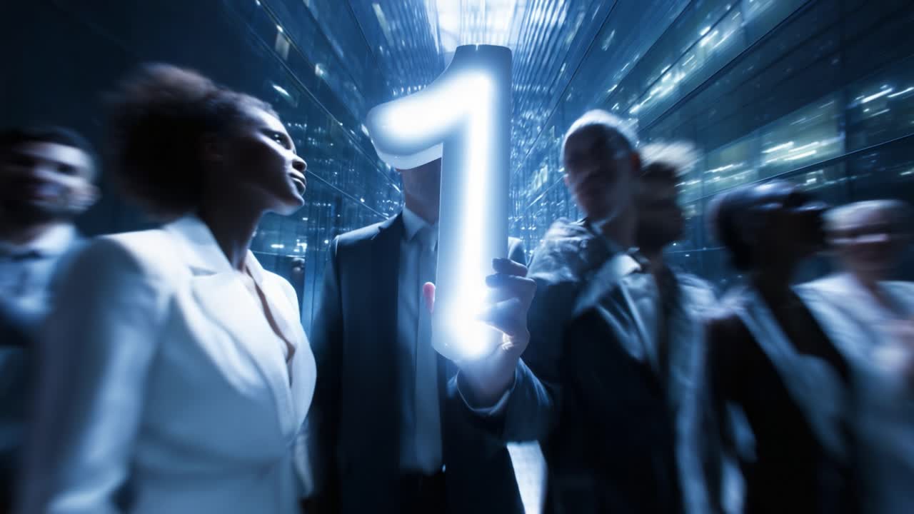 A group of professionals celebrating a milestone with a glowing number one, signifying achievement and teamwork, amidst a futuristic urban environment filled with dynamic energy