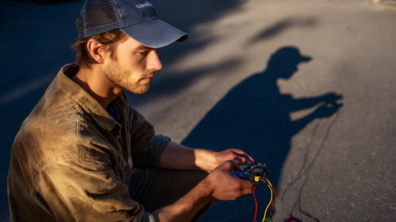 A focused individual engages with a portable electronic device, adjusting settings and monitoring outputs while casting an intriguing shadow, showcasing both concentration and technical expertise in a serene outdoor environment