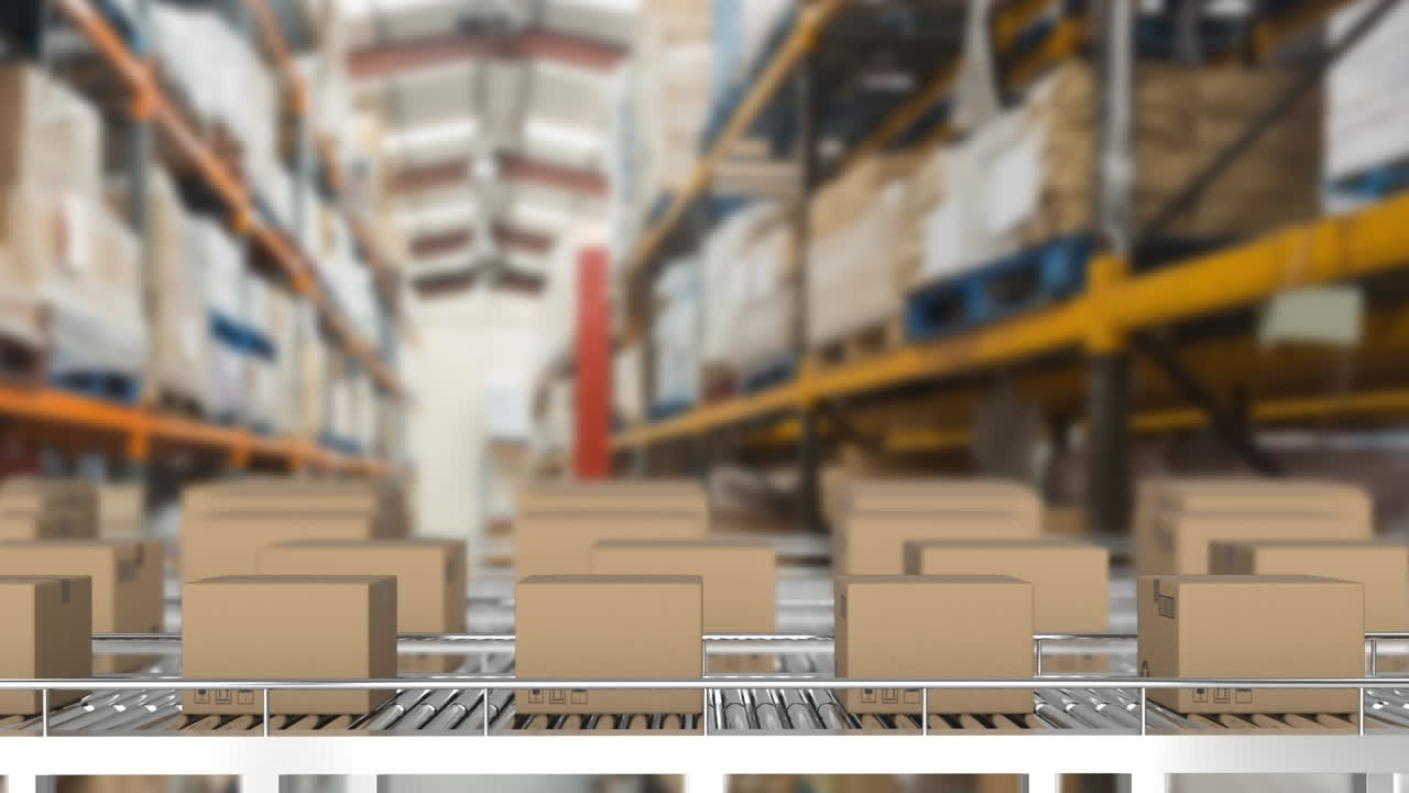 animación del almacén sobre cajas en cinta transportadora.