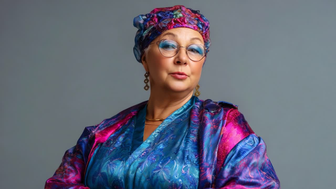 Donna elegante con abbigliamento e sciarpa colorati, che mette in mostra la sua personalità vivace e il suo stile unico, trasudando sicurezza e grazia in un ambiente sereno