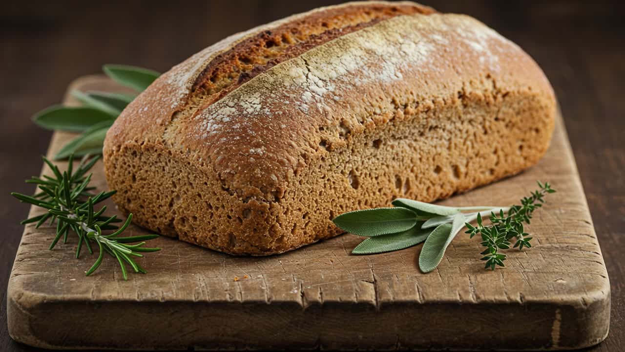 Freshly Baked Artisan Bread with a Rustic Crust, Garnished with Aromatic Herbs on a Wooden Cutting Board, Perfect for Any Culinary Delight