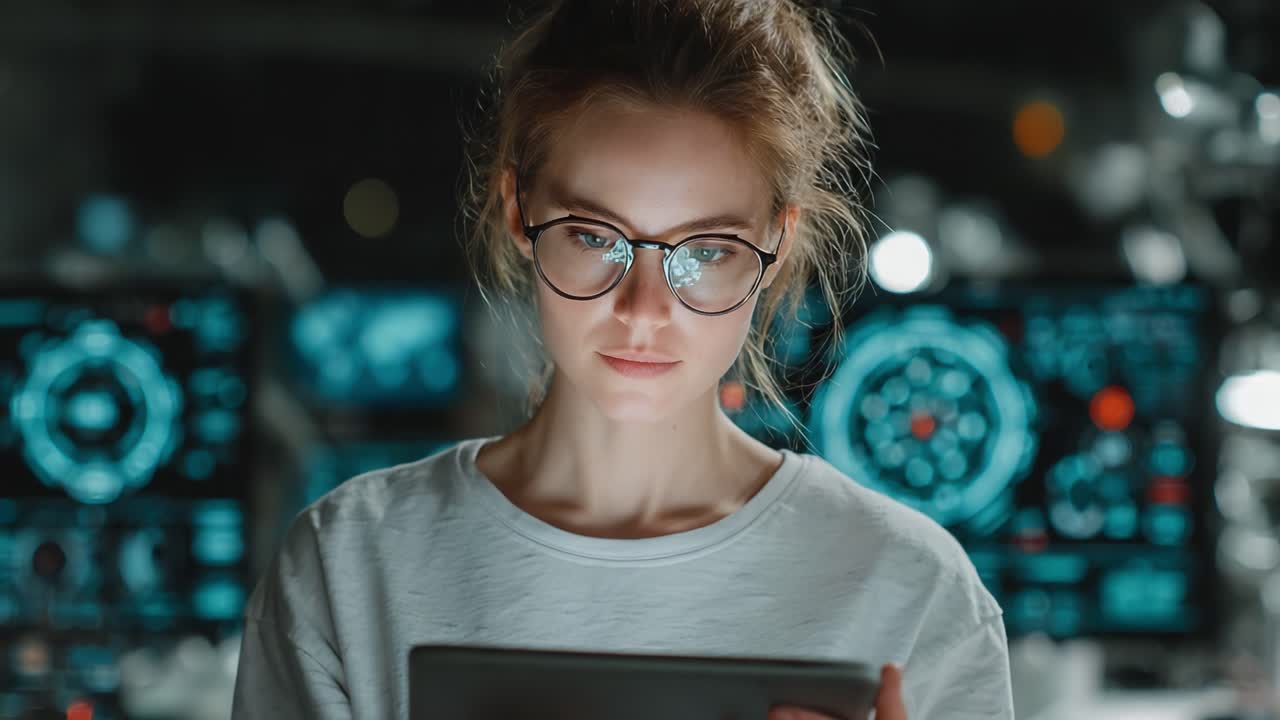 Focused Female Scientist Analyzing Data on Tablet in High-Tech Lab with Digital Interfaces in Background, Capturing Modern Research and Innovation Atmosphere