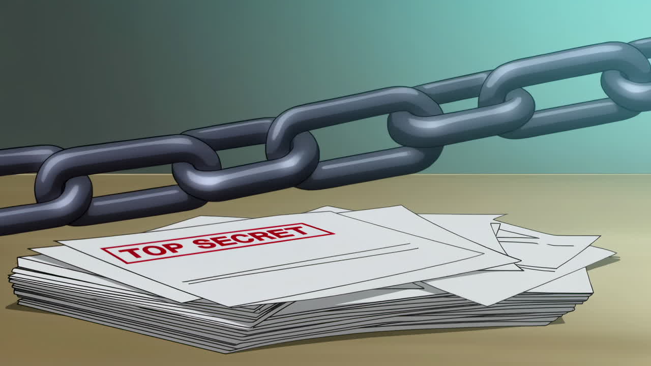 Stack Of Top Secret Documents, Heavy Metal Chain Looming Overhead With Single Glowing Link Signaling Weakness,