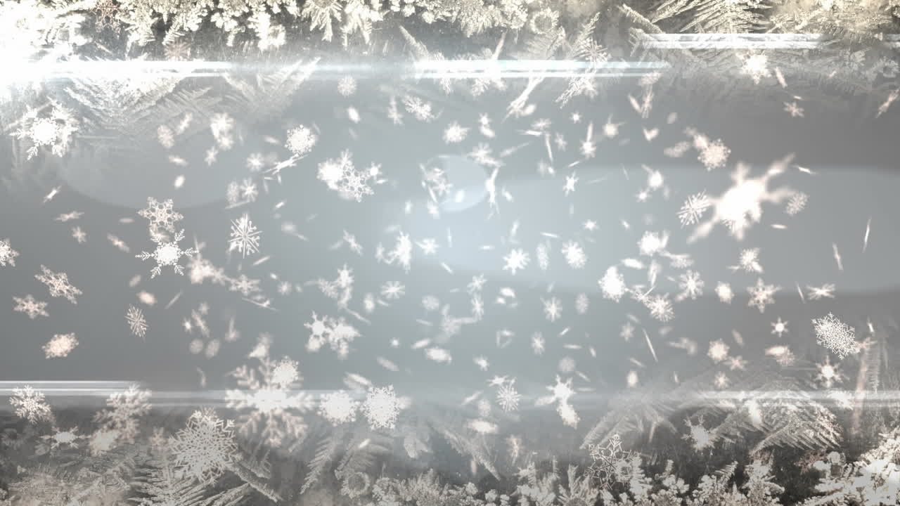 animación de la nieve de navidad cayendo sobre las decoraciones de navidad sobre un fondo gris